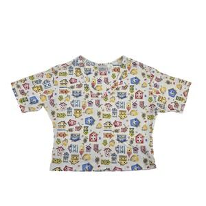 Kathryn Vintage Birdhouse Print V-Neck Short Sleeve Cotton Top White Small